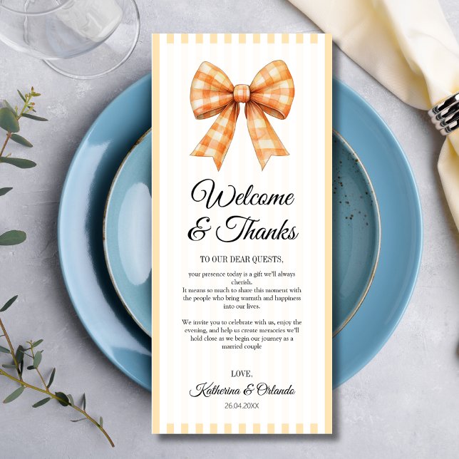 Programa Gingham Bow Wedding Place Setting Thank You Card (Subido por el creador)