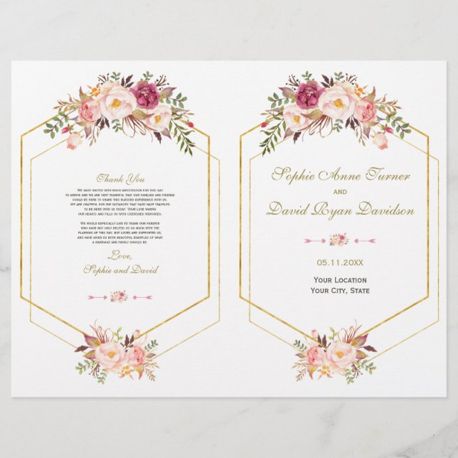 Programa Glam Pink Rubor Floral Gold Frame Wedding (Frente)