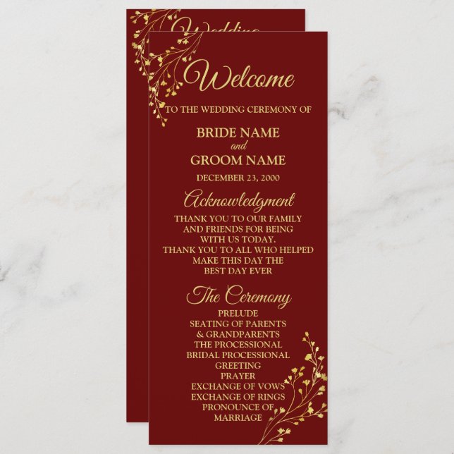 Programa Golden Floral Geometric Wreath Red Wedding (Anverso / Reverso)