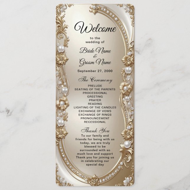 Programa Golden Ornate Frame with Pearls Wedding Program (Anverso)