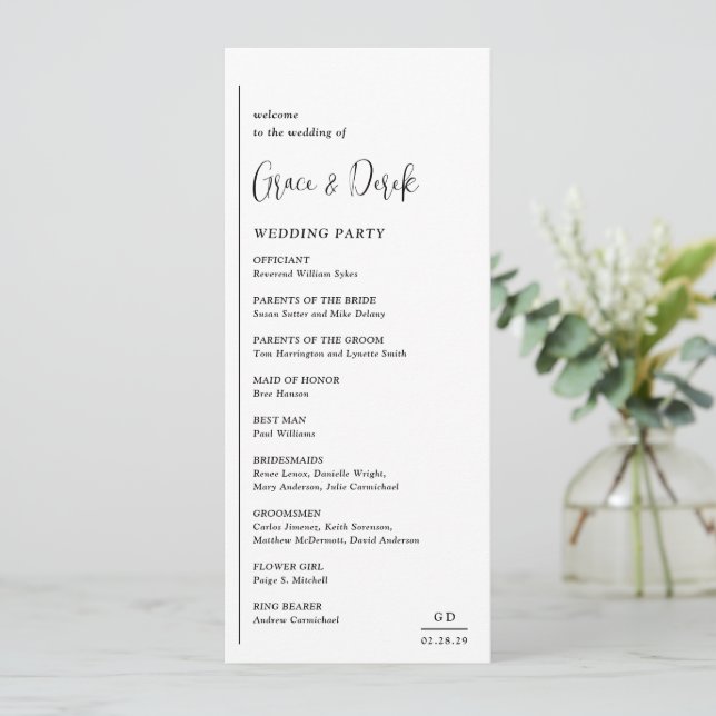 Programa Grace Black and White Modern Boda (Anverso de pie)