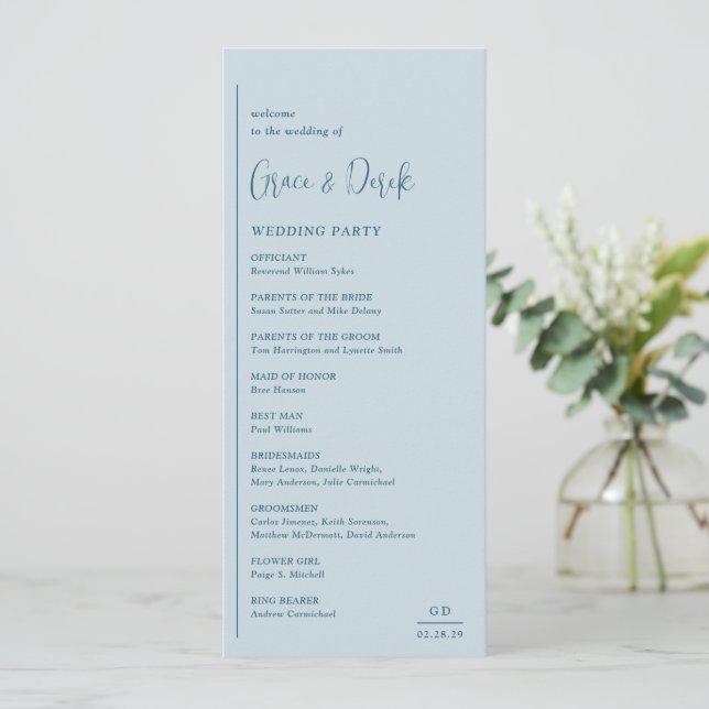 Programa Grace Muted Blue Modern Boda (Anverso de pie)