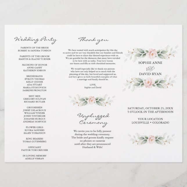 Programa Green Gold Floral Tri+Fold Wedding (Frente)