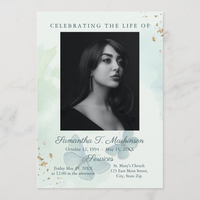 Programa Green Watercolor Butterfly Funeral Services (Anverso)