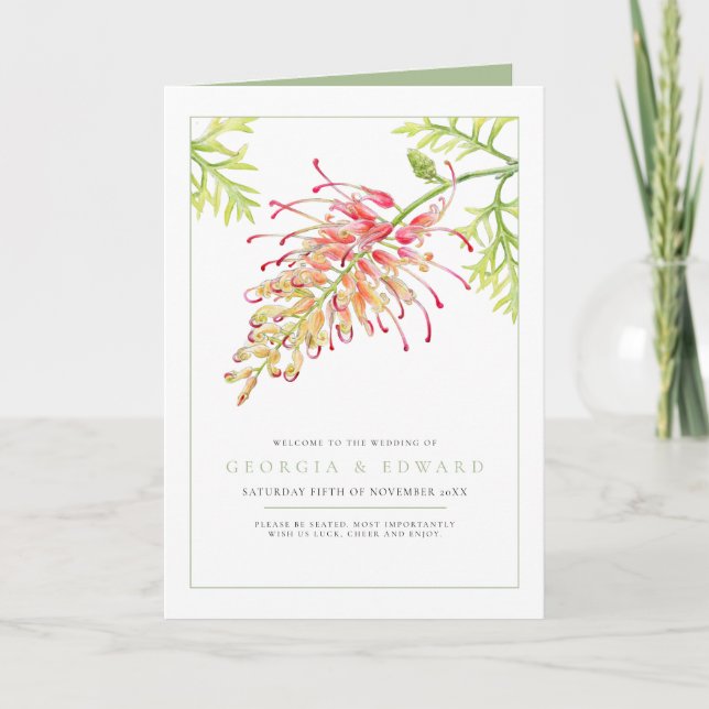 Programa Grevillea acuarela boda blanco verde floral (Anverso)