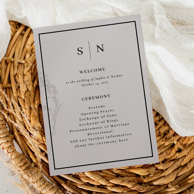 Programa Gris mínimo y Moda con Boda de borde negro (A minimal and chic wedding program in soft gray and black, with your monogram)