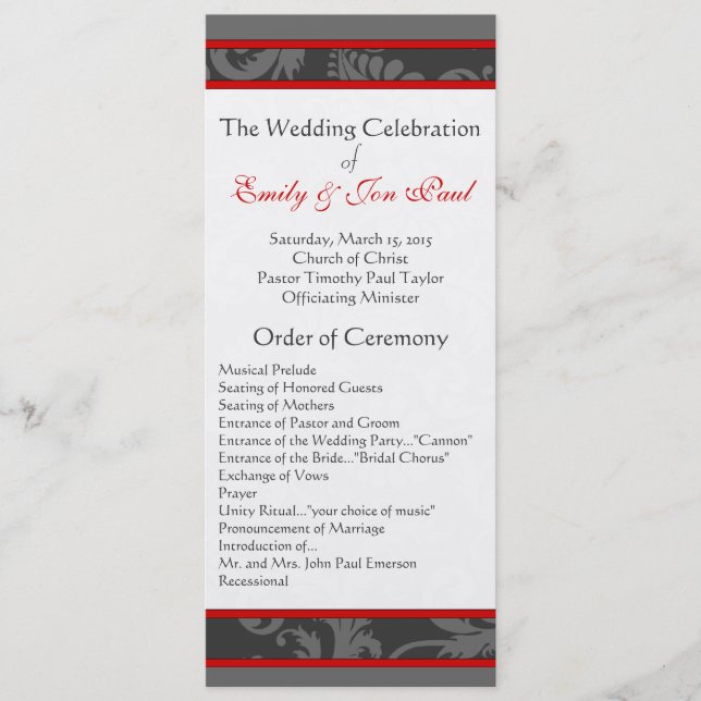 Programa Gris Rojo 9x4 Damask Swirl Boda (Anverso)