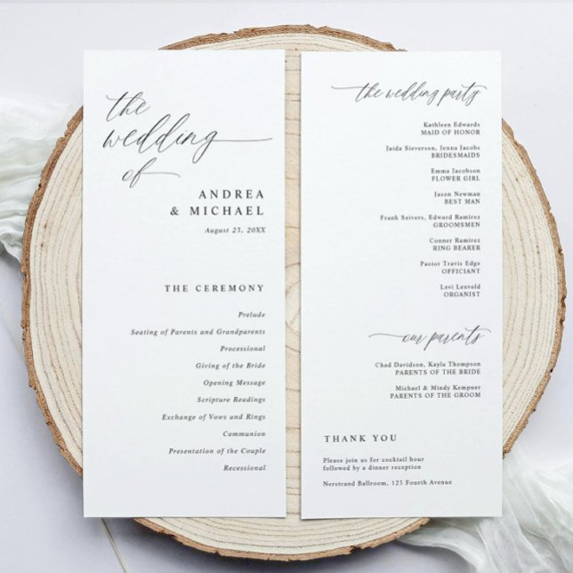 Programa Guion de Ceremonia Moderna Caligrafía Elegante Bod (Elegant wedding programs in modern black and white calligraphy script.)