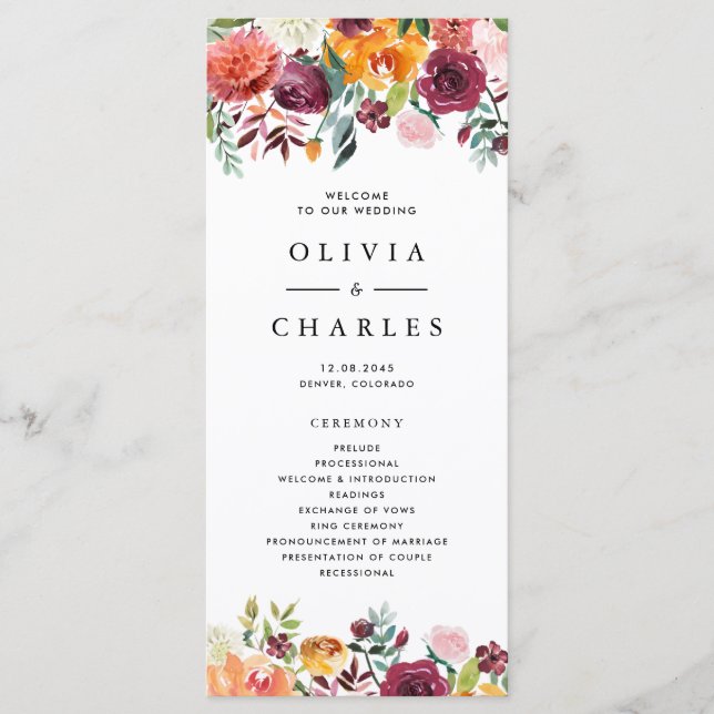 Programa Guirnalda de flores de otoño en acuarela para boda (Anverso)