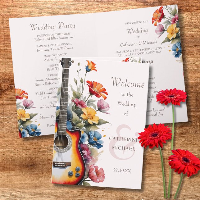 Programa Guitarra Flor Silvestre Musical País Boda de Prima (Flat lay musical concert country rustic vibe botanical cottage garden Wedding Program)