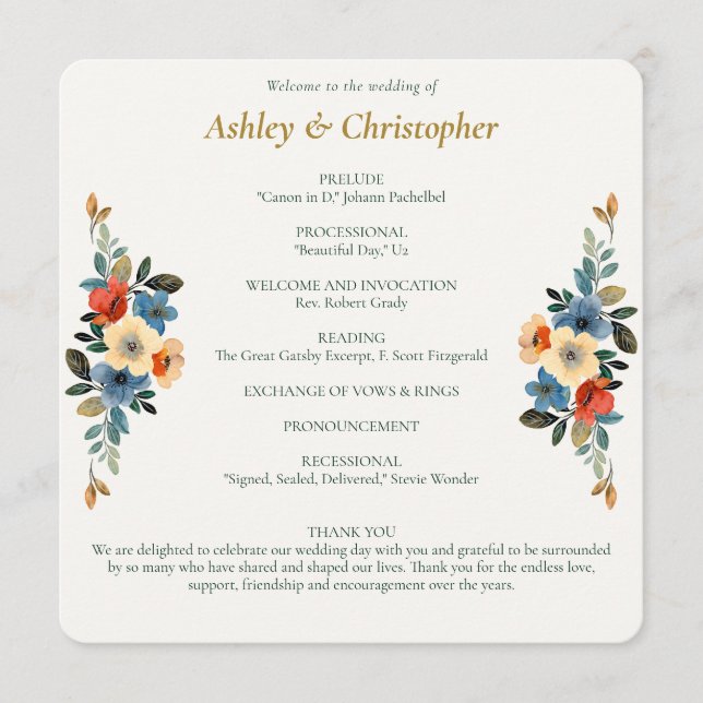 Programa Hermoso Boda de acuarela floral (Anverso)