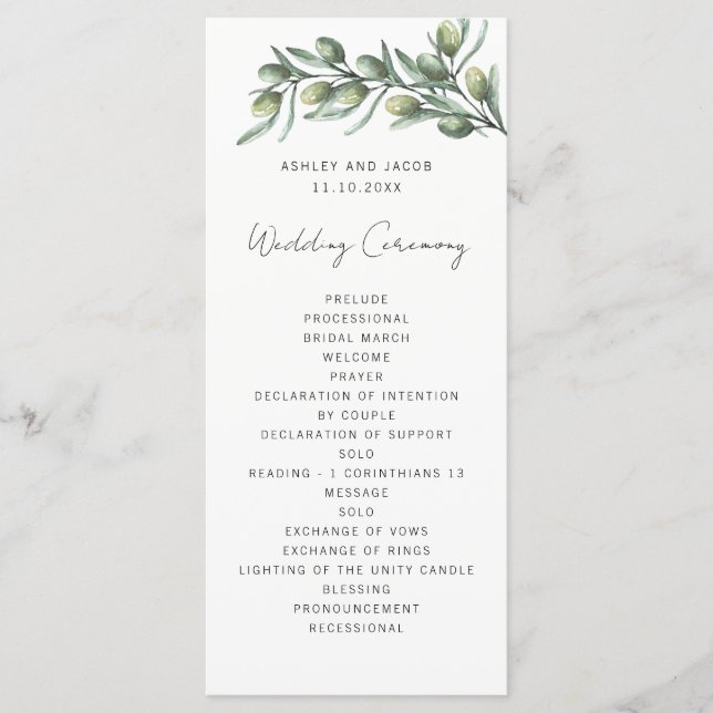 Programa Hojas de olivo elegantes. Boda italiana de jardín (Anverso)