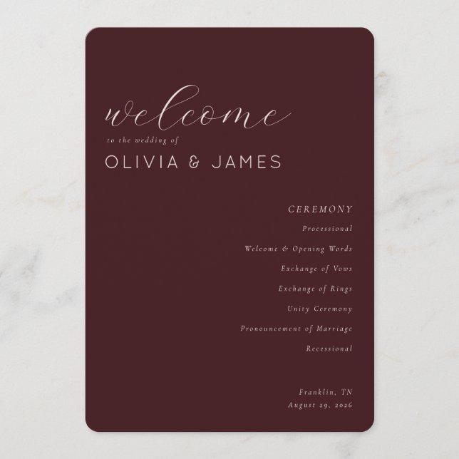 Programa Horario de Boda Elegante Granate (Anverso)
