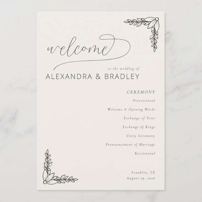 Programa Horario de Ceremonia de Boda Botánico Beige Elegan (Anverso)