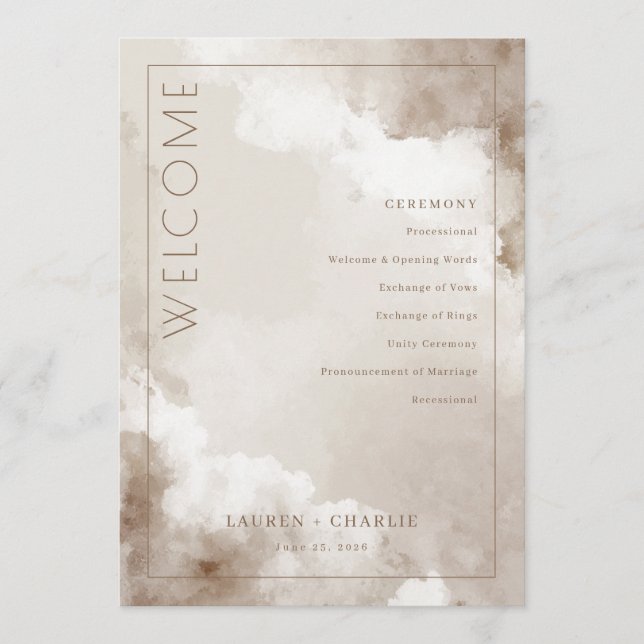 Programa Horario de Ceremonia de Boda con Acuarela en Beige (Anverso)