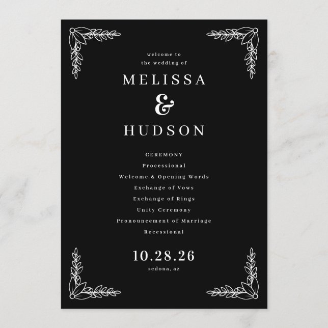 Programa Horario de Ceremonia de Boda con Flores Negras Ele (Anverso)