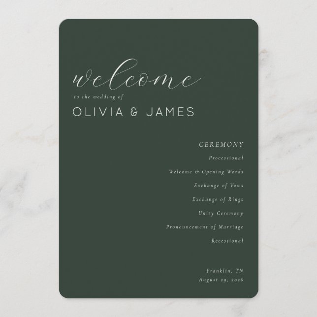 Programa Horario de Ceremonia de Boda Verde Elegante (Anverso)