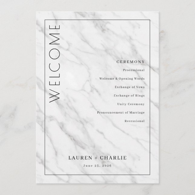 Programa Horario de Ceremonia de Mármol Blanco Elegante (Anverso)