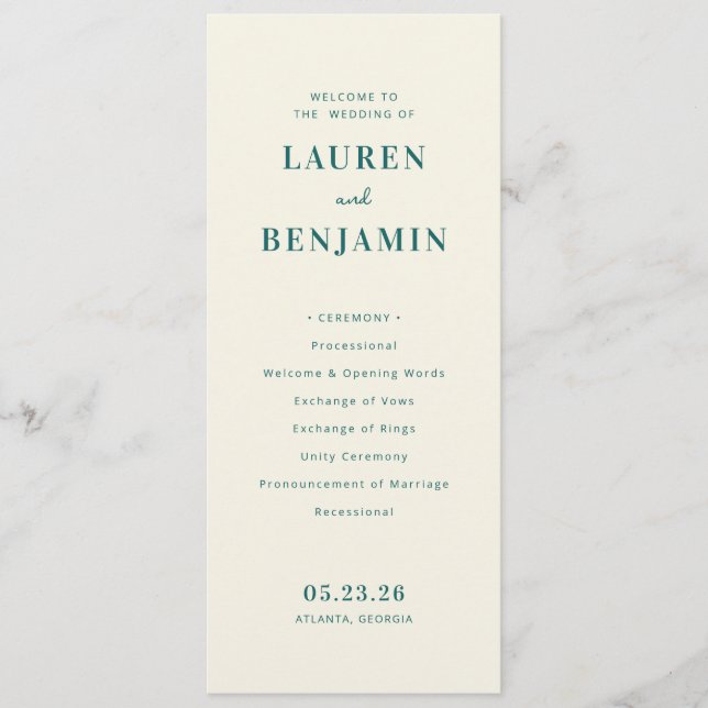 Programa Horario de la Ceremonia de Boda en Verde Azulado E (Anverso)