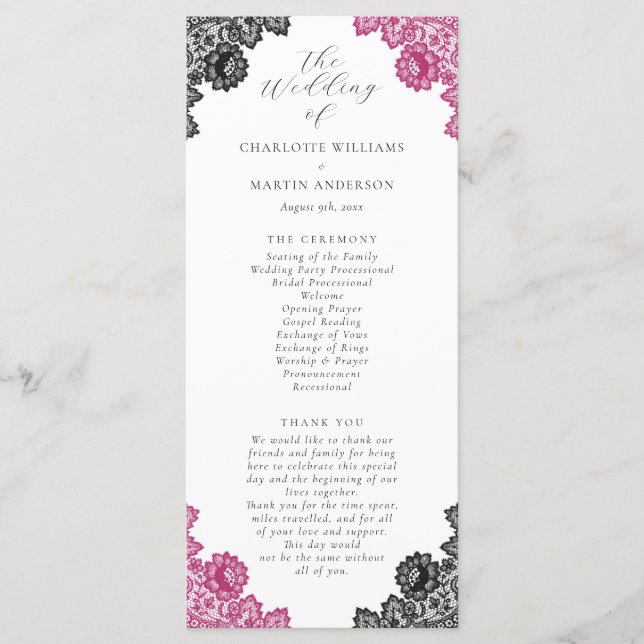 Programa Hot Pink and Black Floral Lace Wedding (Anverso)