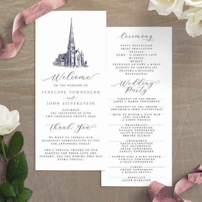 Programa Ilustración de Boda de Iglesia Vintage Elegante (Elegant Vintage Church Illustration Wedding Program)