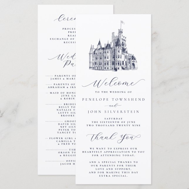 Programa Ilustración de Castillo Vintage Elegante Boda (Anverso / Reverso)