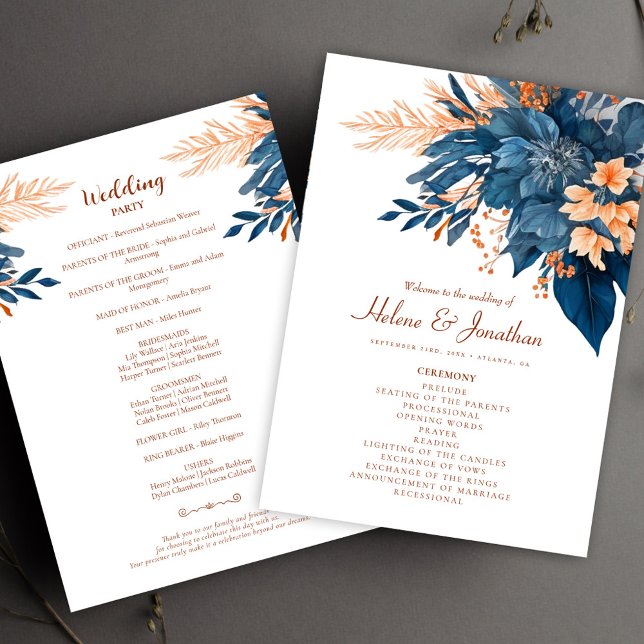 Programa Indigo Rust Modern Floral Boho Elegante Boda (Indigo Rust Modern Floral Boho Elegant Wedding Program)