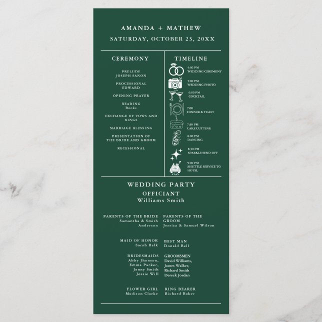 Programa Infográfico de Boda Verde Esmeralda (Anverso)