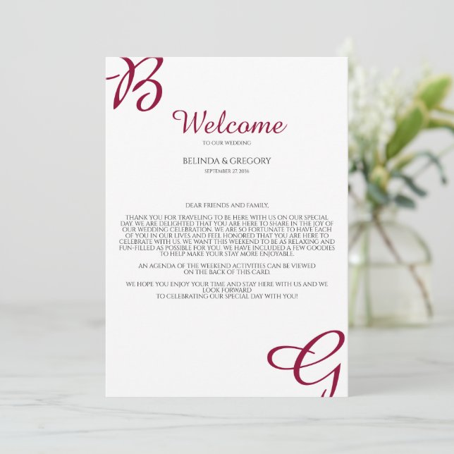 Programa Iniciales Borgoña Boda Caída Bienvenida Itinerario (Anverso de pie)