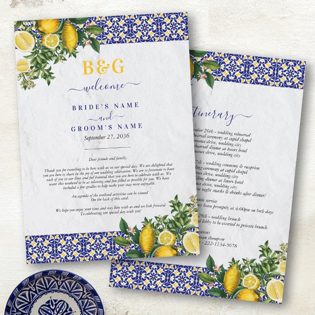 Programa Itinerario Boda de limón de mosaico mediterráneo (Mediterranean Tiles Lemon Wedding Itinerary Program)