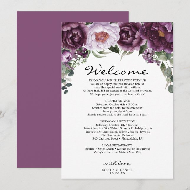 Programa Itinerario de Bienvenida para Bodas Plum  (Anverso / Reverso)