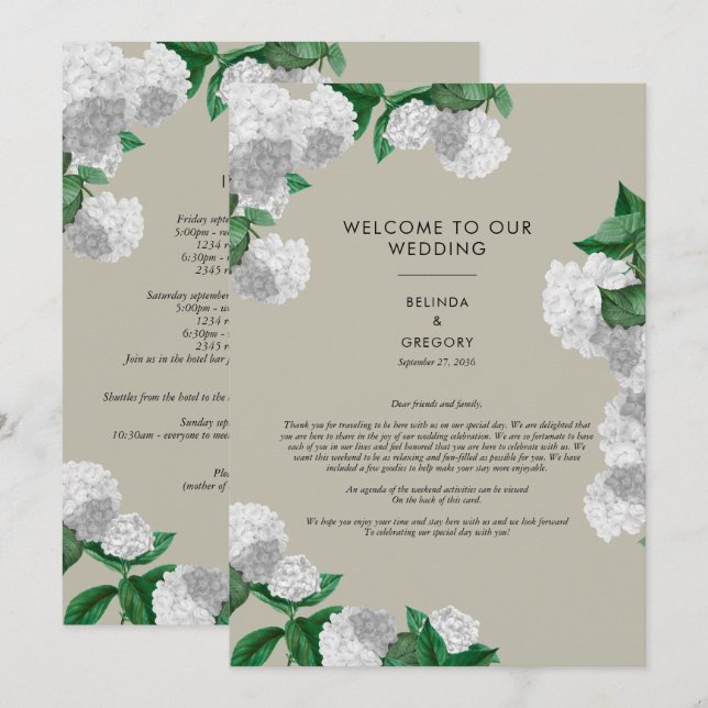 Programa Itinerario de boda de hortensias blancas con veget (Anverso / Reverso)
