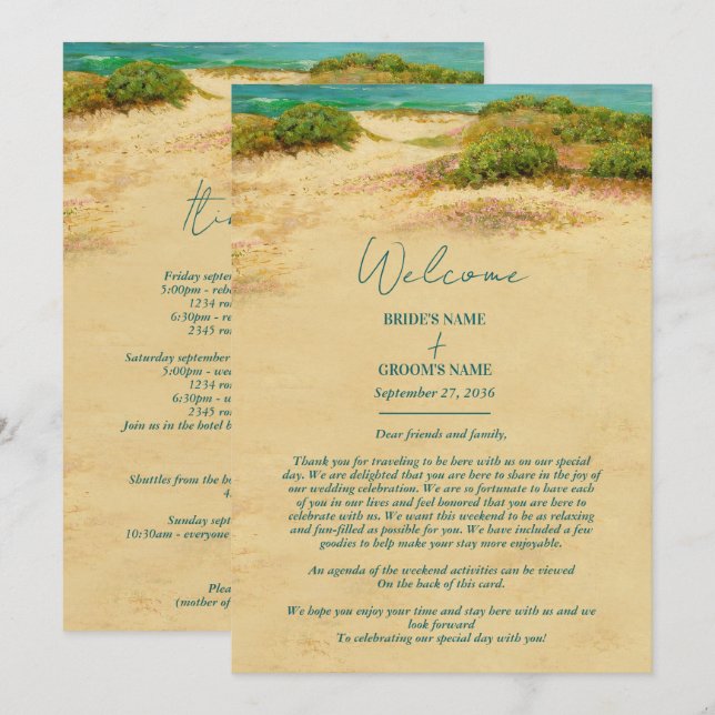 Programa Itinerario de boda de playa costera con acuarela (Anverso / Reverso)