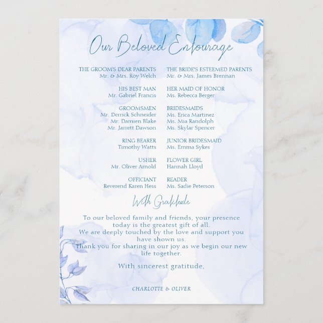 Programa Itinerario de Boda Floral Acuarela Azul Polvorient (Reverso)