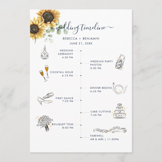 Programa Itinerario de boda floral de girasoles con acuarel (Anverso)