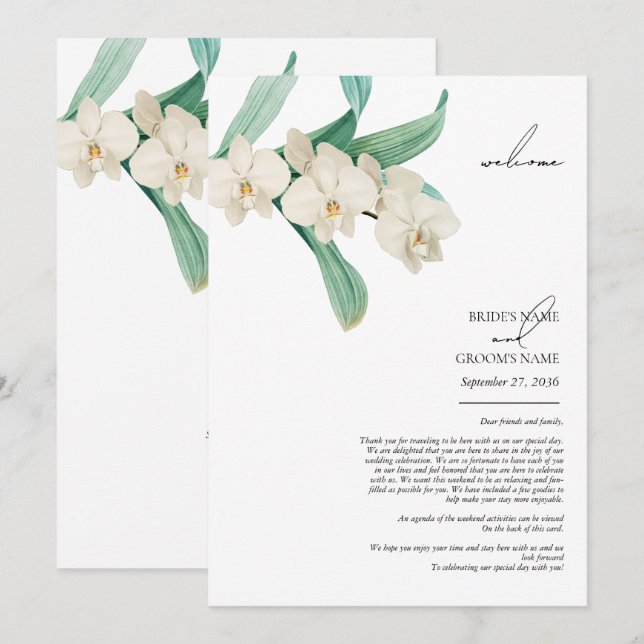 Programa Itinerario de boda floral de orquídeas blancas al  (Anverso / Reverso)
