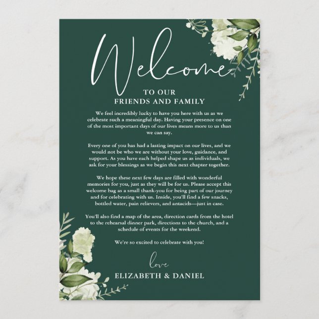 Programa Itinerario de fin de semana de boda Floral Esmeral (Anverso)