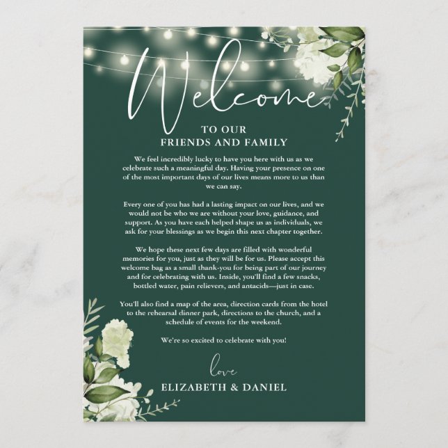 Programa Itinerario de fin de semana de boda Floral Esmeral (Anverso)