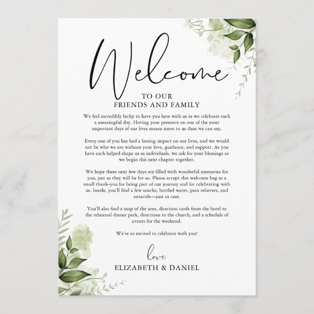 Programa Itinerario de fin de semana de boda Floral verde (Anverso)
