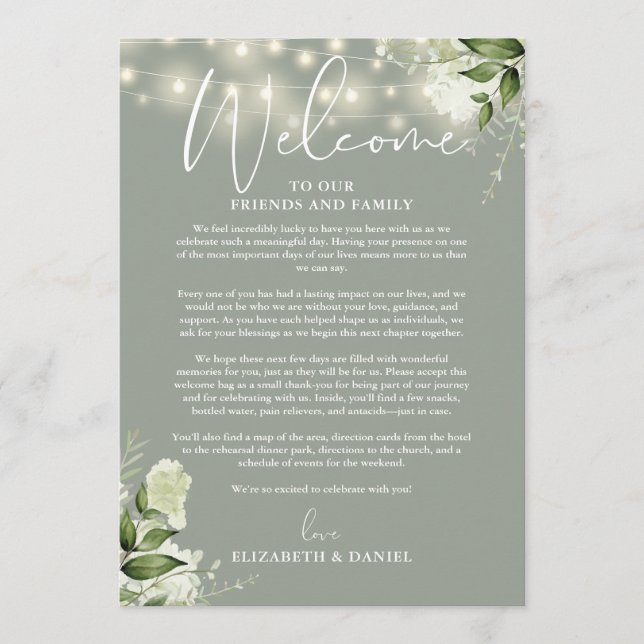Programa Itinerario de fin de semana de boda Sage Green Flo (Anverso)