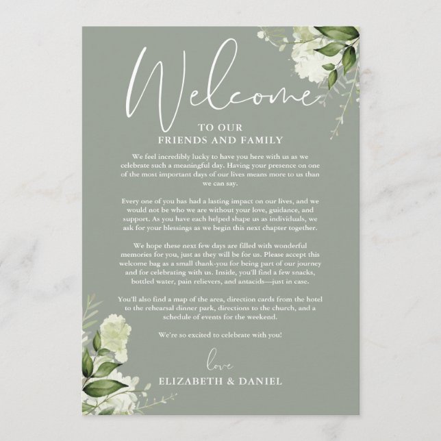 Programa Itinerario de fin de semana de boda Sage Green Flo (Anverso)
