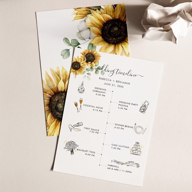 Programa Itinerario del Boda floral de girasol con iconos (Floral Sunflower Eucalyptus Wedding Program Timeline Card)