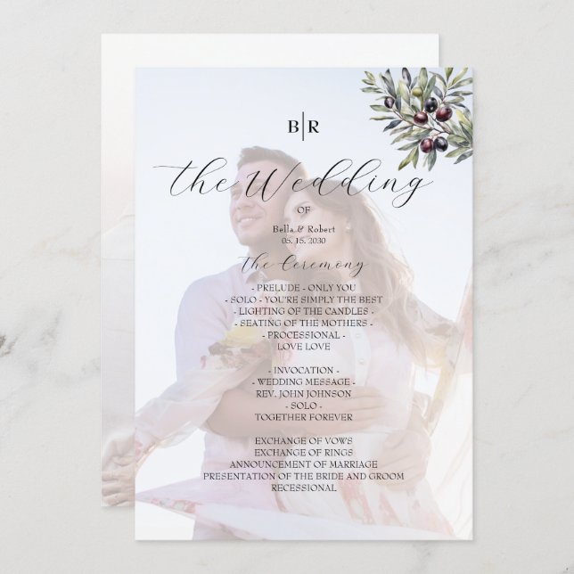 Programa Ivory Olive Monogram Photo Wedding Program (Anverso / Reverso)