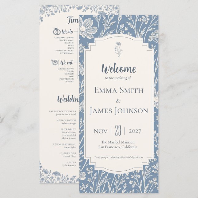 Programa Ivory Periwinkle Wildflower Wedding Program (Anverso / Reverso)
