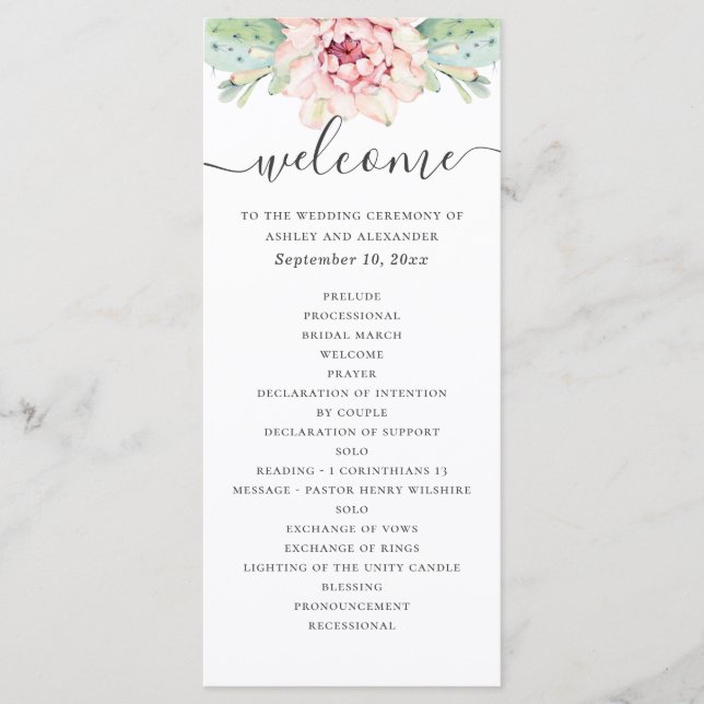 Programa La acuarela suculenta boda. Cactus florales rosado (Anverso)