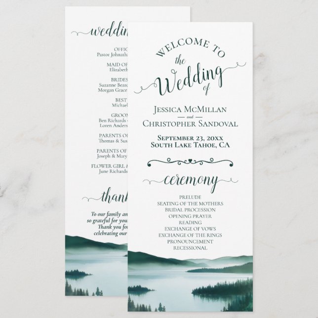 Programa Lago Pacífico de Montaña Boda Rústica de Acuarela (Anverso / Reverso)