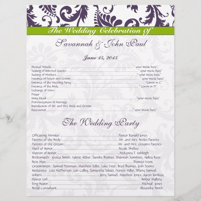 Programa Lapis Purple & Apple Green Damask Wedding (Anverso)
