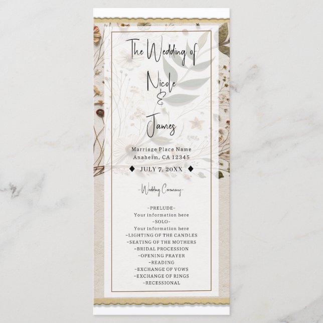 Programa Las flores botánicas y las hojas del Boda de belle (Anverso)