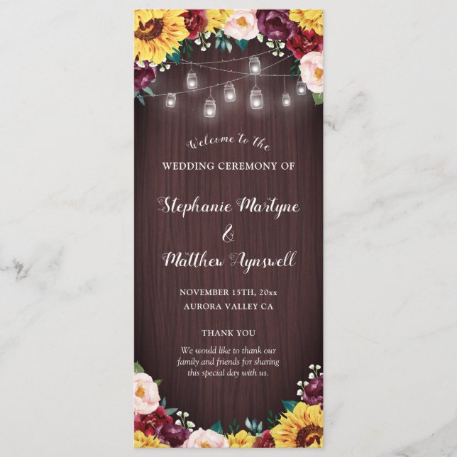 Programa Las jarras de girasol iluminan Boda Rubor de mader (Anverso)