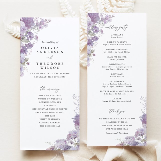 Programa Lavender Floral Elegant Wedding Ceremony Program (Lavender floral wedding ceremony program, watercolor lilac purple elegant wedding program stationery)